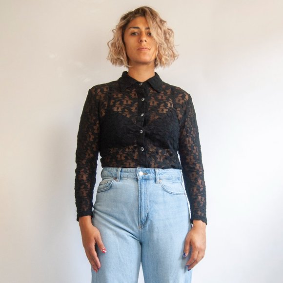 80s black lace button down blouse l large / sheer blouse / spandex blouse / sexy - Picture 1 of 7